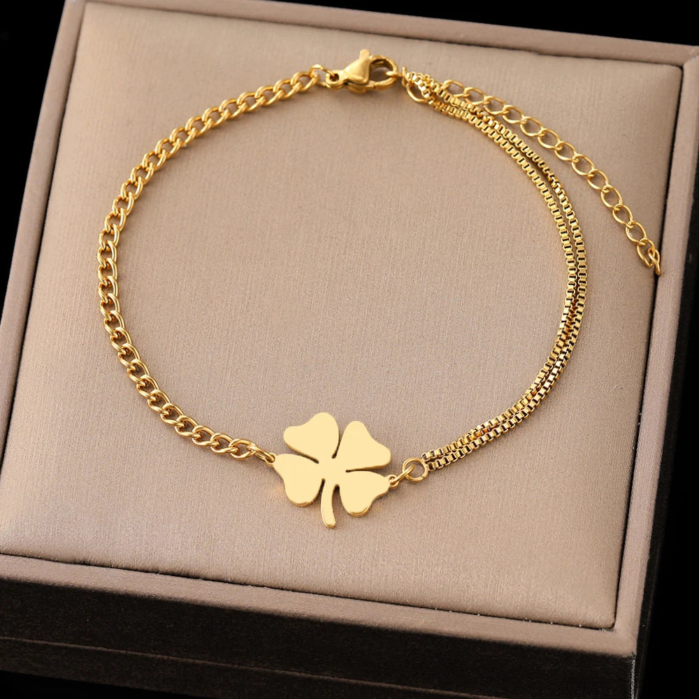 Stainless Steel Bracelets Classic Lucky Clovers Pendant Hip Hop Bracelet for Women Jewelry Non-Fading High-Quality Everyday Wear