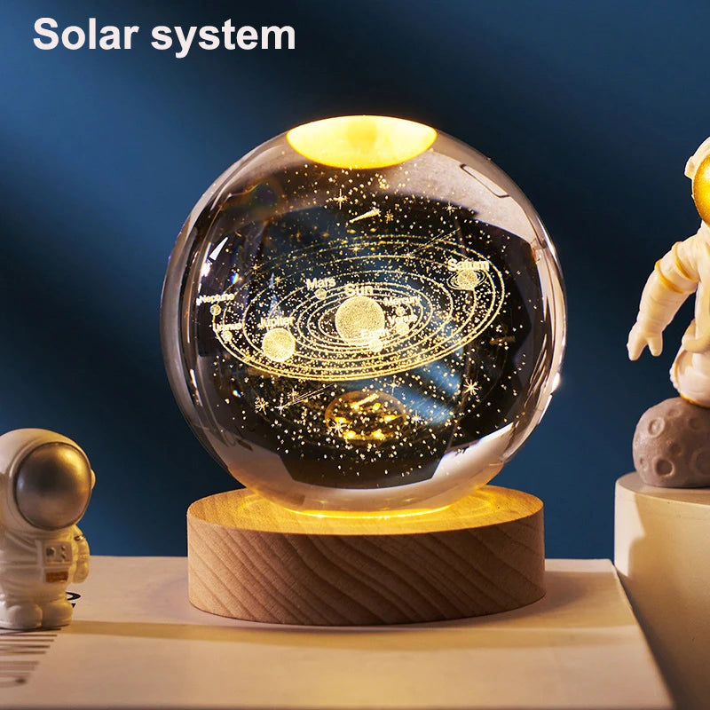 6Cm 3D Crystal Ball Decoration 2024 Astronomy Solar System Planets Moon Astronaut LED Balls Home Snow Glass Globe Decorations