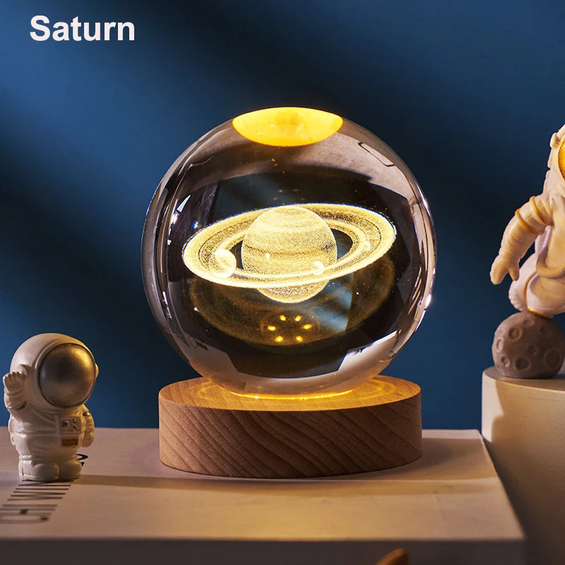6Cm 3D Crystal Ball Decoration 2024 Astronomy Solar System Planets Moon Astronaut LED Balls Home Snow Glass Globe Decorations